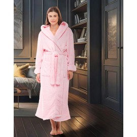 Alexander Del Rossa Womens Fluffy Robe, Fuzzy Robe for Women, Long Hooded Robes for Women, Plus Size Robe Pink Rose Quartz Large (A0304RSQLG)