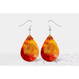Twisted R Design Henna Pattern Print Wood Dangle Teardrop Print Earrings Jewelry