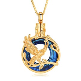 XSMZB Eagle Cremation Jewelry for Ashes Circle of Life Urn Necklace Keepsake Stainless Steel Crystal Memorial Pendant Human Pets Ash Holder Gift for Women Men (Gold-Blue)