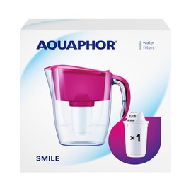 AQUAPHOR Water Filter Jug Smile, Space-saving, Lightweight Fridge door fit 2.9L Capacity 1 X A5 350L Filter Included Reduces Limescale Chlorine & Microplastics, Cyclamen Pink