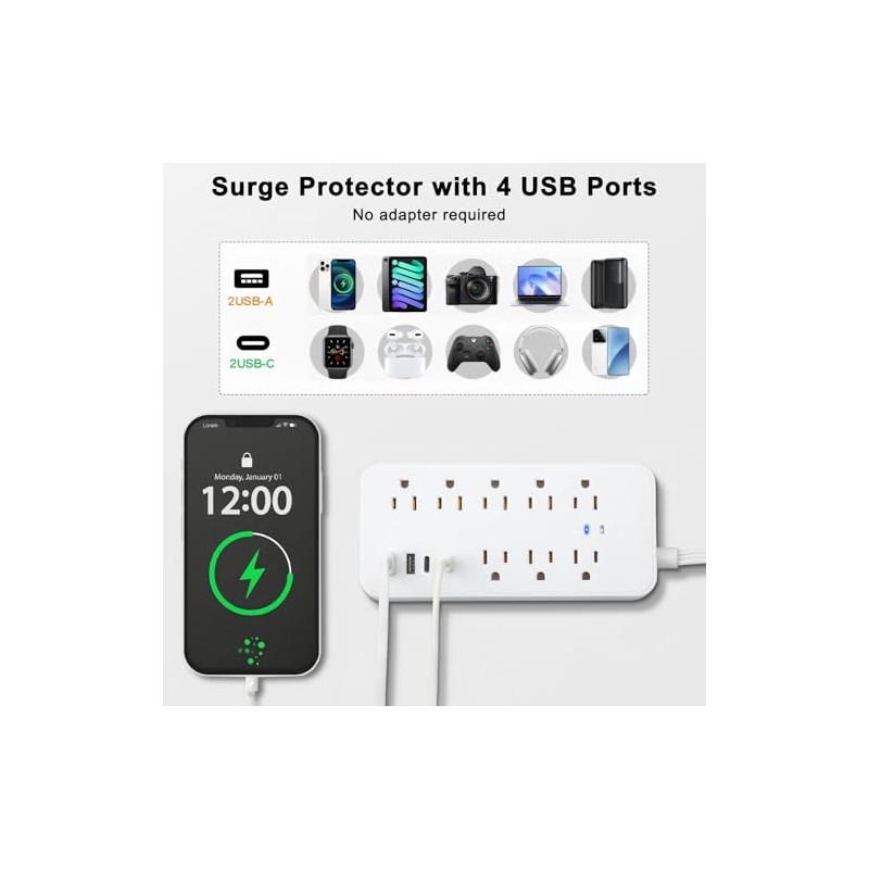 7.6M Plana Extension Electrica, Regleta Multicontacto con Protector de Sobretensión,