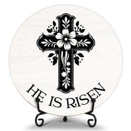 He Is Risen Decor, Easter Round Wood Decor Sign, Spring Religious Decor, Christian Easter Gifts For Woman Man, Church Decor And Accessories, Christian Home Office Decorations For Table Shelf -b01