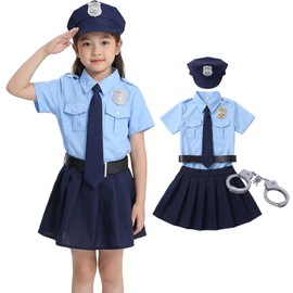 Apparlxer Halloween Costume, Children, Girls, Halloween Cosplay, Detective Uniform, 5-Piece Set, Costume, Dress, Hat, Belt, Necktie, Handcuffs, Policeman, Women's Police Officer, Stage Costume, Event
