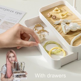 inkihuit Chain Stand Jewellery Stand with Drawers, Jewellery Holder with Wooden Storage Base, Compact Jewellery Organiser with 5 Hooks, for Necklaces & Bracelets, Rings & Earrings, Elegant White