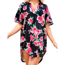 MAKABO Modern Swimsuit Coverup for Womens, V-Neck Beach Blouse Shirt Cover Up Dress Tops Tunic, Summer Bikini Swimwear with Colorful Floral Printed, L