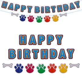 Dog Paw Happy Birthday Banner, Cartoon Themed Banner Easy to Use Cartoon Dog Themed Party Decorations Supplies for Girls Boys Birthday Baby Shower