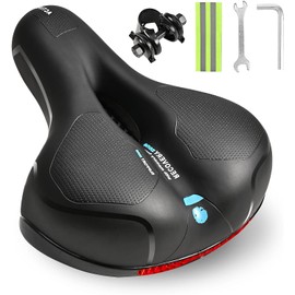 Trkimal Comfort Bicycle Saddle - Padded, Soft Bicycle Seat Cushion, Memory Foam, Waterproof, Wide Saddle with Reflective Strip, Adjustment Tools, Dual Shock Absorbing Rubber Balls