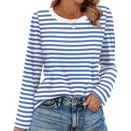 Womens Long Sleeve Shirts Striped Pullover Color Block Long Sleeve Crew Neck Sweatshirt Tops Vacation Outfits Striped Clothes Blue XL