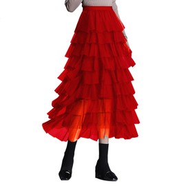 BDQING Women's Elastic Waist Tiered Layered Mesh Ballet Prom Party Tulle Tutu A-line Long Skirt, Red, X-Large