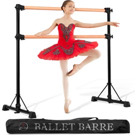 New & Improved 4 Ft Steel Double Ballet Barre with Carry Bag and Beginner Guide,Adjustable&Portable Ballet Barre for Home and Gym,Quality Ballet bar Anti-Wobble,Stretching Dance bar (Wood, Black)