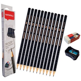 NATARAJ Professional Artist Drawing Pencils Pack Draw Sketch Tone Shade Write (12 x 3B Grade Pencils + Sharpener + Eraser + 1 x ZOFAX Black Pen)
