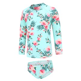 Big Girls Two Pieces Swimming Costume Rash Guard Swimsuits Long Sleeve Rash Vest with Short Swim Sets Age 9-10 Years