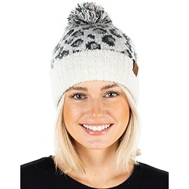 Leopard Print String Pom Beanie - Ivory