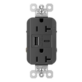 Legrand Pass & Seymour TR20USBAC6BK 20 Amp Tamper-Resistant Heavy-Duty Specification Grade Decorator Duplex Receptacle Outlet with Ultra Fast USB A/C 6.0A Charging Ports, Black (1 Count)