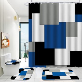 ENYORSEL Blue Bathroom Sets with Shower Curtain and Rugs, 4 Piece Geometric Bathroom Shower Curtain Set with Rugs, Incl Shower Curtain with 12 Hooks, Bath Mat, U-Shaped Floor Mat, Toilet Lid Oval Rug