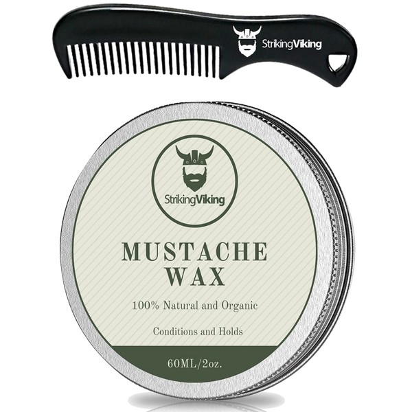 Mustache Wax and Comb Kit - Strong Hold Moustache and Beard Wax for Men Tames, Styles, and Conditions Facial Hair - Made with Natural Beeswax with Vanilla Scent (2 oz.) by Striking Viking
