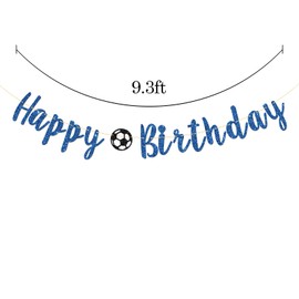 Soccer Happy Birthday Banner, Soccer Birthday Banner, Sport Football Theme Bithday Party Decorations Supplies (Blue Glitter)