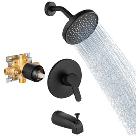 Aolemi Tub Shower Faucet Set With Valve Wall Mount Shower Trim Kit 6 Inch Bathtub Fixtures Pressure Balance Rough-in Valve Single-Spray Shower Head System 5.3 Inch Tub Spout Matte Black Modern