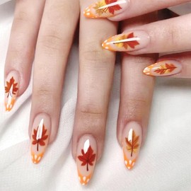 Fall Almond Press on Nails Medium French Tip Fake Nails Orange Maple Leaves Glue on Nail with Designs False Nails Nude Stiletto Stick on Nail Autumn Gloss Acrylic Nails for Women 24Pcs