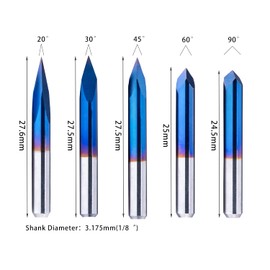 20/30/45/60/90deg 0.1mm Triangular CNC Router Bits Set, 1/8" Shank Engraving Carving V-Bit with Nano Blue Coating Sharp Pyramid Bits for Acrylic Wood MDF Aluminum Lettering Sign Making