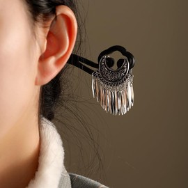Vintage Moon Hair Stick, Silver Crescent Hairpin with Pendants Tassels, Retro Chopstick Hair Fork Hair Clips