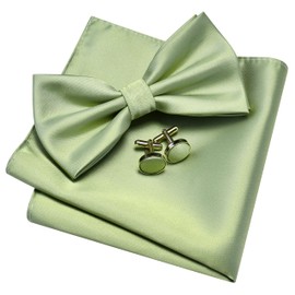 GUSLESON Sage Green Bow Tie and Pocket Square Cufflink Set for Wedding Mens Solid Color Pre-tied Bow ties (0570-38)
