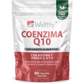 Wellthy Coenzima Q10 100 Cpsulas. Co Q1030mg. Reforzado con Biotina, Omega 3, 6 y 9. 100 Porciones por Envase, Softgel, Bottle Free.                  
