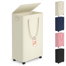 Slim Laundry Hamper with Wheels,20 Gal (75L) Rolling Laundry Basket with lid and wheels Clothes Hamper Foldable Tall Dirty Clothes Basket Sturdy Collapsible Clothes Hamper for Dorm,Laundry Room