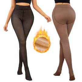 Justay 2 Pairs Fleece Lined Tights Winter Thermal Fake Translucent Fleece Sheer Leggings Black Warm Thick Tights for Women