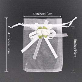 SumDirect Rose Organza Gift Bags - 50Pcs 4x5 inch White Wedding Favor Gift Bags, Jewelry Pouches with Drawstring for Party Wedding Christmas Valentine