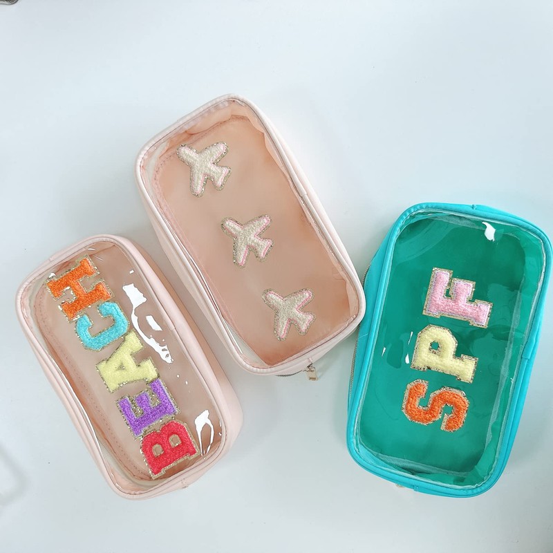 Clear Makeup Letter Bag with Chenille Letter Patch and Glitter