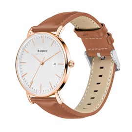 BUREI Men Watches Fashion Minimalist Waterproof Leather Watches for Men Women Student,White Rose Gold