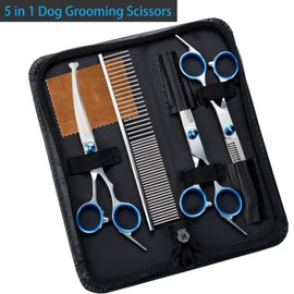 5 in 1 Premium Dog Grooming Scissors, Professional Dog Scissors for Grooming with Safety Round Tips, Lengnoyp Stainless Steel Thinning Shears, Dog Pet Cat Shears for Grooming Kit
