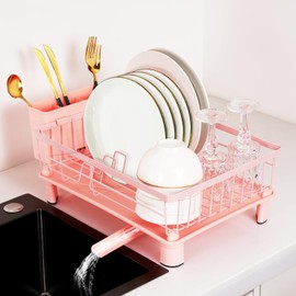 YOFUGA Cute Pink Dish Drying Rack with Drainboard,Dish Racks for Kitchen Counter Organization (with 4 Hooks)
