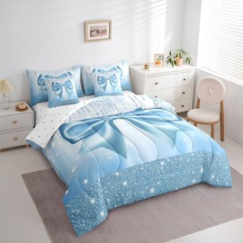 Feelyou Kids Cute Bowknot 7 Pieces Bedding Set Full Size, Dreamy Princess Comforter Set with Sheets Boys Girls Glitter Bed in A Bag Blue Bow Teens Bed Set Bedroom Decor 7Pcs