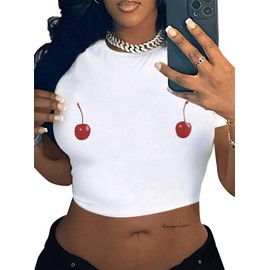 LovelyWholesale Graphic Baby Tee for Women Cute Crop Tops Summer Short Sleeve Tops White Two Cherry Medium