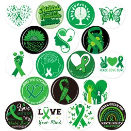 SEPGLITTER 54pcs Mental Health Awareness Buttons Badge Green Ribbon Lapel Pins for Mental Health Awareness Teens Adults Children Party Event Favors Decor Accessories（18 Style）