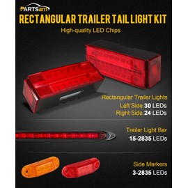 Partsam Submersible LED Trailer Tail Light Kit, Rectangular Trailer Lights+ID Bar+8 Markers, Combined Stop Turn License Plate Running Lamps with 25FT Wiring Harness Reflective Stickers, 12V