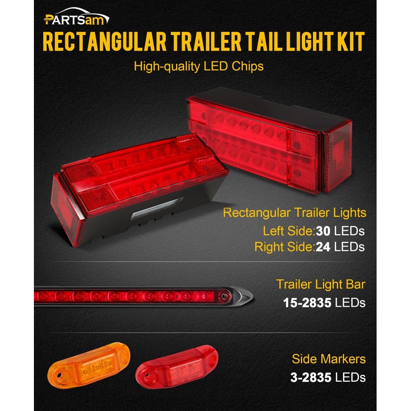 Partsam Submersible LED Trailer Tail Light Kit, Rectangular Trailer Lights+ID