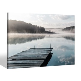 Lake House Picture Wall Art: Mountain Landscape Canvas Prints Dock Scene Artwork Nature Forest Painting for Living Room