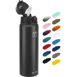 Fanhaw 32 Oz Stainless Steel Insulated Sports Water Bottles with Straw for Kids, Men and Women (Black)