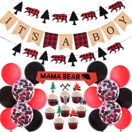 Lumberjack Baby Shower Decorations for Boy Buffalo Plaid Baby Shower Supplies with Lumberjack Banner Garland Cupcake Toppers Mama Bear Sash