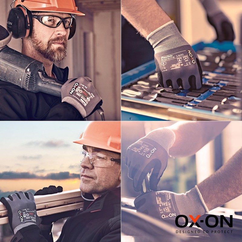 OX-ON Flexible Supreme 1600 Work Gloves Grey, Extremely Durable Safety