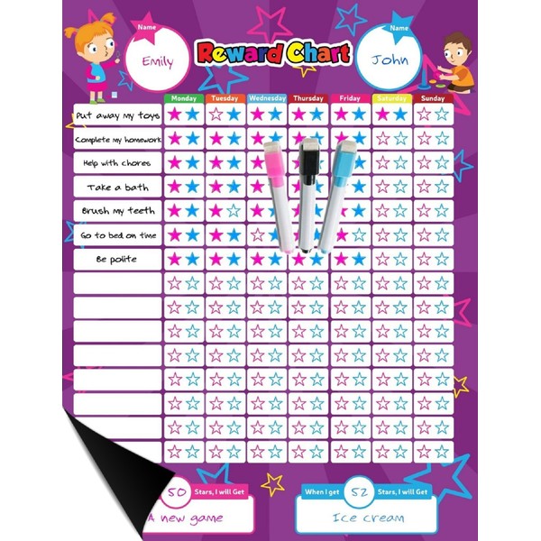 Magnetic Reward Behavior Star Chore Chart for One or Two Kids 17 x 13 Includes: 3 Color Dry Erase Markers Pink, Blue, & Black, Flexible Chart with Full Magnet Backing for Fridge Teaches Responsibility