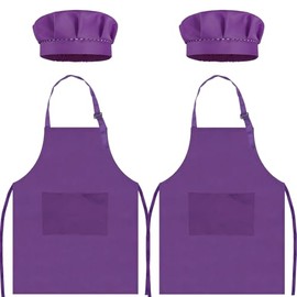 TOPWAYS Kids Apron and Chef Hat Set, kids Aprons for Cooking 2 Pack, Adjustable Toddle Kitchen Chef Apron, Kids Artist Painting Apron Bib with Two Pockets for Kids 3 4 5 6 years (2 x purple, M)