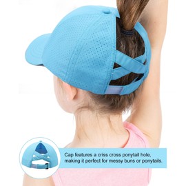 CHUANGLI Girls Criss Cross Ponytail Hat Reflective Lightweight Baseball Cap Kids Quick Dry Mesh Sports Hat for Age 7-12 Years, blue, Unit size