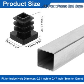 sourcing map 1/2" (13mm) Square Tubing End Caps, 50 Pcs Plastic Hole Plugs Insert End Cap for Metal Tubing Post Chair Leg Table Bookshelves Furniture, Black