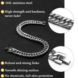 VGWON Men's 316L Stainless Steel Cuban Link Bracelet with Clasp, Black Silver Solid Cuban Bracelet with 8 mm Diamond Cut, Men's Jewellery Gifts, 19 centimeters, Stainless Steel