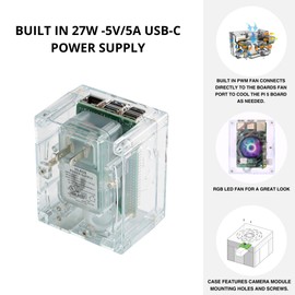 Vilros Raspberry Pi Plug 'n' Pi- A Raspberry Pi Case and Power Supply All in one Solution (Pi 5, Clear Transparent with LED Fan)