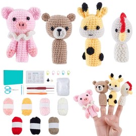 ORIGACH 8 Set Animal Finger Puppets Crochet Kit for Beginner Adults, Cute Pig Bear Chick Elk Crochet Kit with Step by Step Video Tutorial, Instruction, Yarn, Hook, Accessories